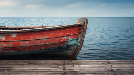 Obraz premium small wooden boat moored on dock. sea immigration