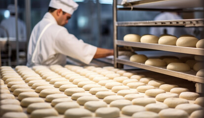 baker making fresh dough balls for bread in bakery