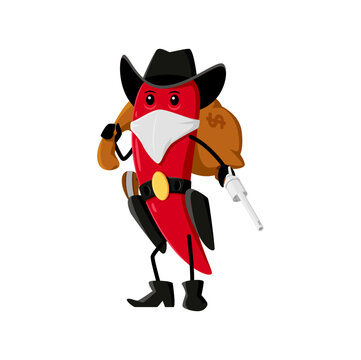Cartoon chili pepper gangster or bandit character. Vector wild west hero, robber or ranger in cowboy hat and mask carry money sack. Western personage with gun robbed the bank, healthy food, spices