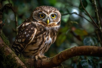 AI generated illustration of an owl with yellow eyes perched on a tree