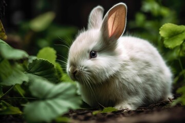 Fototapeta premium AI generated illustration of a white rabbit on a tree in a forest with a blurry background