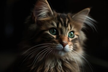 AI generated illustration of a beautiful cat with bright green eyes against a dark background