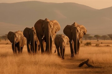 Fototapeta na wymiar AI generated illustration of a herd of African elephants walking through a lush savanna