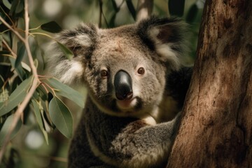 AI generated illustration of a cute koala on a tree in a forest