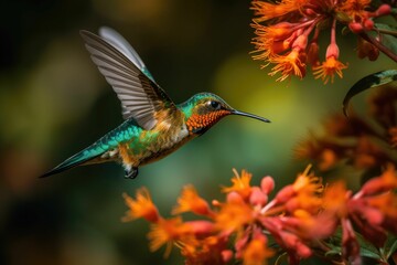 AI generated illustration of a hummingbird flying near flowers in a field