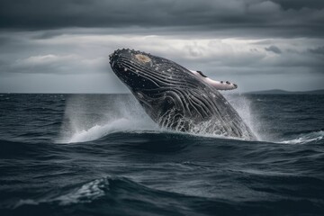 Fototapeta premium AI generated illustration of a humpback whale breaching the ocean's surface