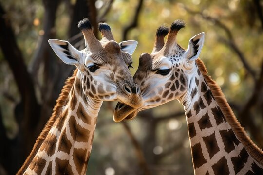 AI generated illustration of two giraffes standing side by side in a lush green field