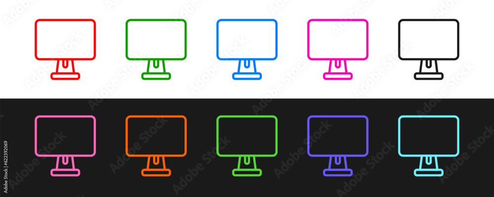 Poster set line computer monitor screen icon isolated on black and white background. electronic device. fro