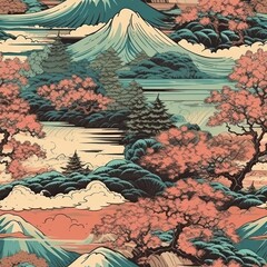 an asian style wallpaper featuring flowers and mountains in different colors