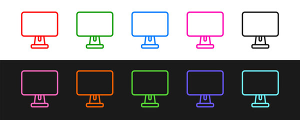 Set line Computer monitor screen icon isolated on black and white background. Electronic device. Front view. Vector