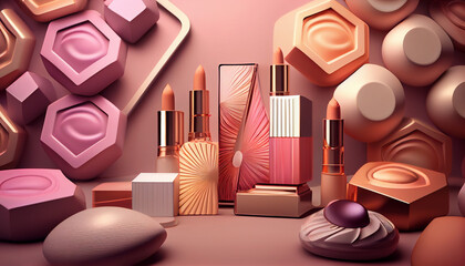 Abstract background with professional make-up products. Beauty industry accessories Ai generated image