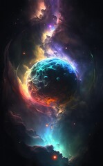 AI generated illustration of a colorful celestial scene with planets against a starry sky