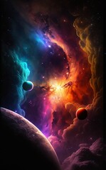 AI generated illustration of a colorful celestial scene with planets against a starry sky