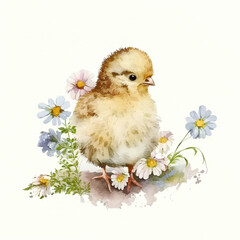 Obraz premium Cute little yellow fluffy chicken. Image created with Generative AI technology.