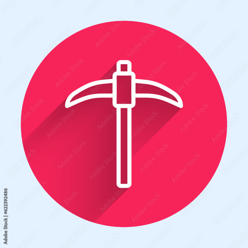 Poster white line pickaxe icon isolated with long shadow background. red circle button. vector