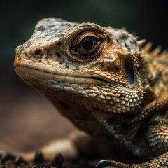 Fototapeta premium AI generated illustration of a close-up of an iguana on a log in the dark