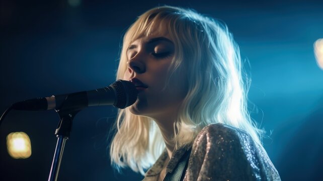 AI generated illustration of a young blonde woman singing into a microphone