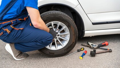 AI generated mechanic inspecting a tire on a car while kneeling