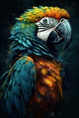 AI generated illustration of A vivid parrot perched against a dark background