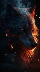 AI generated illustration of a majestic wolf gazing out engulfed in vibrant flames
