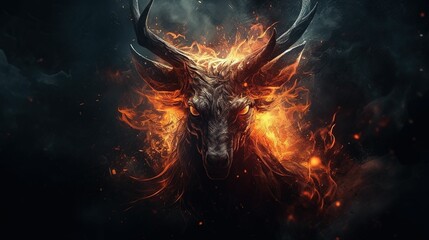 AI generated illustration of a majestic bull gazing out engulfed in vibrant flames