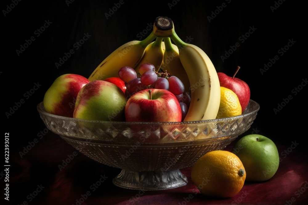 Wall mural AI generated illustration of variety of fresh fruits arranged in glass vase on black background