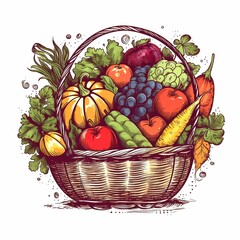 AI generated illustration of basket with assorted vegetables isolated on a white background