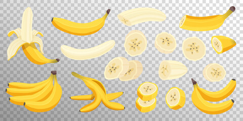 Set of fresh banana fruits isolated on transparent background. Peeled and whole bananas, banana slices and bunch of bananas. Tropical fruits, healthy nutrition menu. Vector flat cartoon illustration