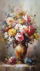 AI-generated illustration of a painting of a bouquet of colorful flowers.