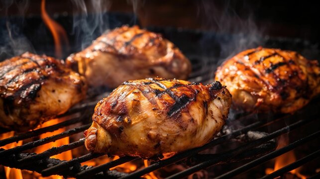 AI-generated illustration of a chicken sizzling on a hot grill against a backdrop of glowing flames.