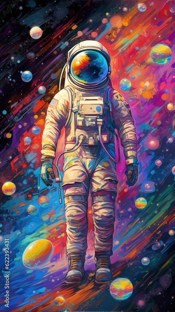 Wall mural ai generated illustration of an astronaut in a spacesuit on a vibrant painted background