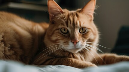 AI generated illustration of a ginger domestic cat lying on a bed