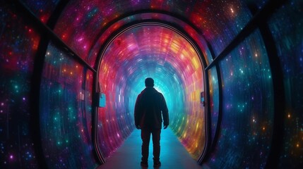 Man's silhouette standing in a tunnel illuminated by vibrant multi-colored lights. AI-generated.