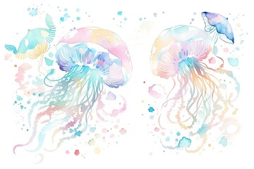 Watercolor illustration of jellyfish on a white background, created with Generative AI technology.	 
