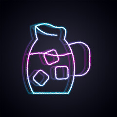 Glowing neon line Jug glass with water icon isolated on black background. Kettle for water. Glass decanter with drinking water. Vector