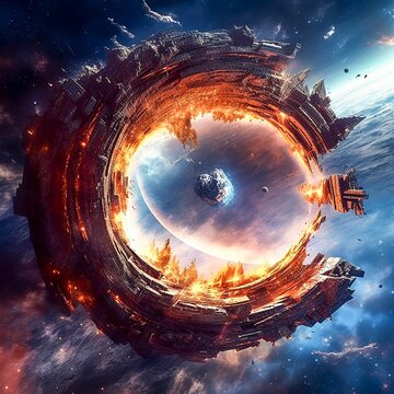 AI generated illustration of science fiction-style illustration of a broken portal in a galaxy