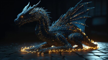 AI generated illustration of a dragon with a luminous glow in a dark atmosphere