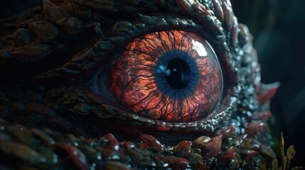 AI generated illustration of an intense red-eyed dragon staring off into the distance