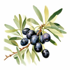 AI generated illustration of a watercolor of bright olives on a branch on a white background