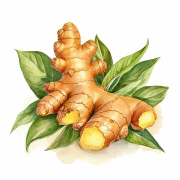 AI generated illustration of a watercolor of a fresh ginger root with leaves on a white background