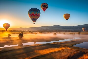AI generated illustration of hot air balloons flying over the grass and water
