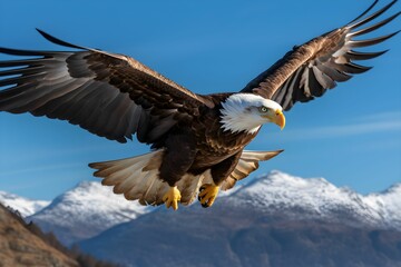 Fototapeta premium AI generated illustration of Bald Eagle soaring in the sky above a mountainous landscape