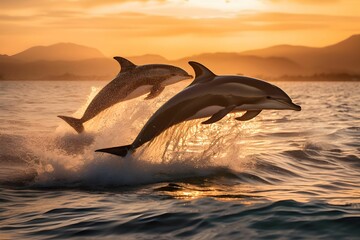 AI generated illustration of two dolphins jumping out of the ocean water