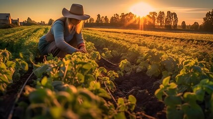 Fototapeta na wymiar AI generated illustration of a female farmer harvesting crops in a rural setting