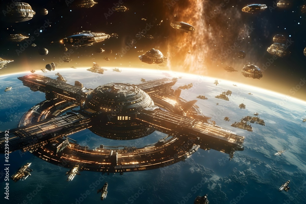 Poster ai generated illustration of a space ship and other interstellar objects situated in galaxy