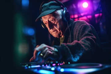 AI generated illustration of an elderly man DJ mixing music with headphones in a club