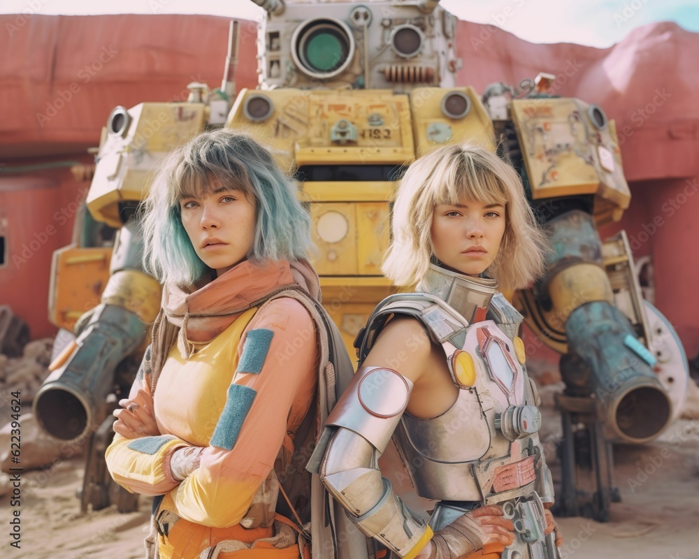 Poster ai generated illustration of two females standing side-by-side in front of a robot