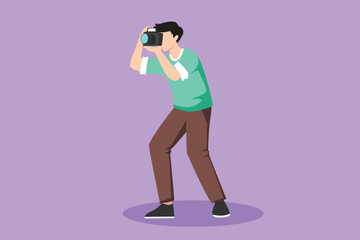 Cartoon flat style drawing male photographer taking photo pose. Camera and professional operator, correspondent man. Young male with camera making pictures or photo. Graphic design vector illustration