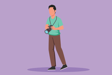 Cartoon flat style drawing professional male photographer, people holding camera. Pictures made by employees, photographs by cameraman. Man experts job with camera. Graphic design vector illustration