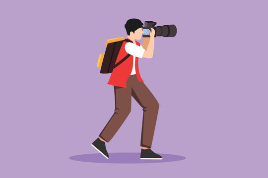 Cartoon flat style drawing photographer or paparazzi taking photo with modern digital camera from all angles. Journalists or reporters with backpack making pictures. Graphic design vector illustration